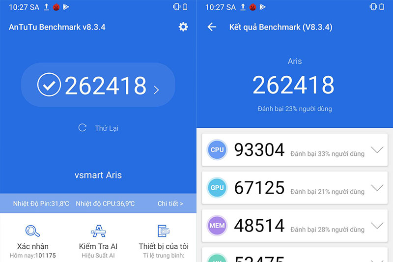 Điểm Antutu 262.418 - Vsmart Aris