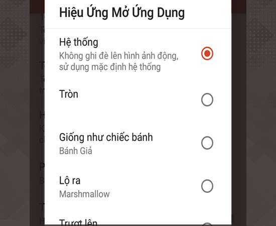 Bước 6: Bạn cũng có thể thay đổi hiệu ứng mở ứng dụng bằng cách nhấn vào giao diện, chọn hiệu ứng mở ứng dụng và chọn hiệu ứng bạn thích Bước 6: Bạn cũng có thể thay đổi hiệu ứng mở ứng dụng bằng cách nhấn vào giao diện, chọn hiệu ứng mở ứng dụng và chọn hiệu ứng bạn thích