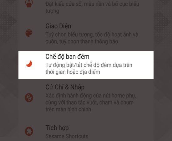Bước 4: Chọn chủ đền sáng hay tối bằng cách chọn vào mục chế độ ban đêm, ở đây có các chế độ tắt, mở, tự động Bước 4: Chọn chủ đền sáng hay tối bằng cách chọn vào mục chế độ ban đêm, ở đây có các chế độ tắt, mở, tự động
