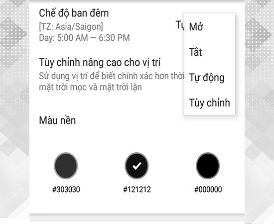 Bước 4: Chọn chủ đền sáng hay tối bằng cách chọn vào mục chế độ ban đêm, ở đây có các chế độ tắt, mở, tự động Bước 4: Chọn chủ đền sáng hay tối bằng cách chọn vào mục chế độ ban đêm, ở đây có các chế độ tắt, mở, tự động