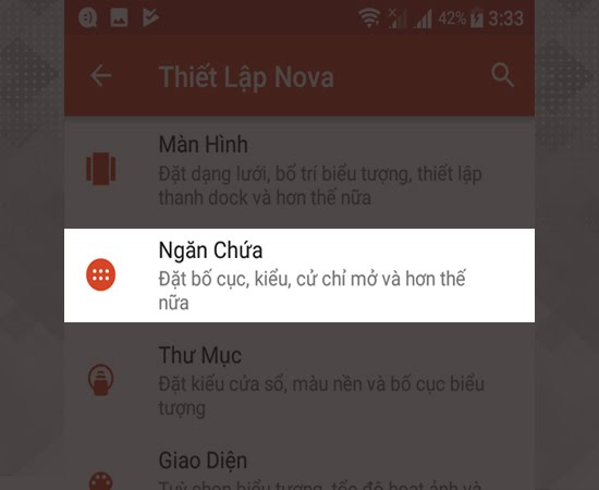 Bước 5: Trở về menu thiết lập ban đầu, chọn vào mục ngăn chứa để đặt kiểu bố trí ứng dụng là ngang hay dọc hoặc là danh sách Bước 5: Trở về menu thiết lập ban đầu, chọn vào mục ngăn chứa để đặt kiểu bố trí ứng dụng là ngang hay dọc hoặc là danh sách