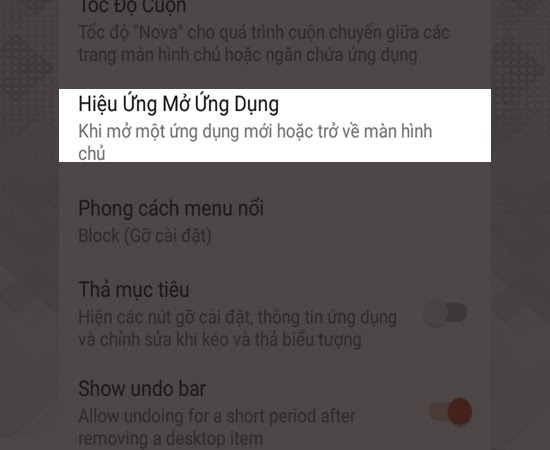 Bước 6: Bạn cũng có thể thay đổi hiệu ứng mở ứng dụng bằng cách nhấn vào giao diện, chọn hiệu ứng mở ứng dụng và chọn hiệu ứng bạn thích Bước 6: Bạn cũng có thể thay đổi hiệu ứng mở ứng dụng bằng cách nhấn vào giao diện, chọn hiệu ứng mở ứng dụng và chọn hiệu ứng bạn thích